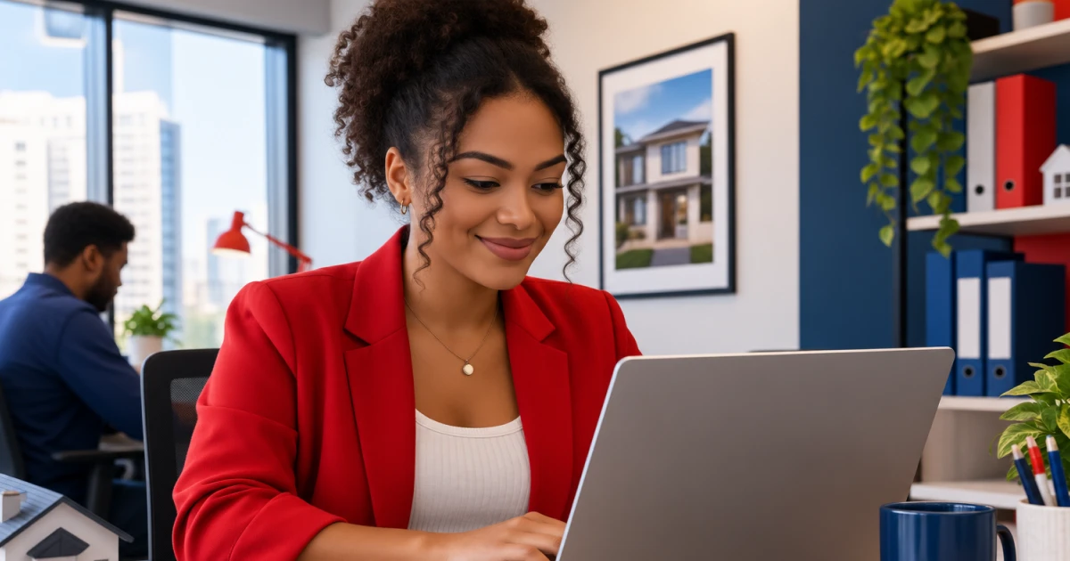 Corretora de blazer vermelho sorrindo enquanto usa o notebook no escritório de uma imobiliária, com a foto de uma casa na parede