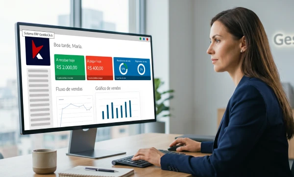 Como escolher um ERP preparado para a Reforma Tributária Empresária trabalhando com o sistema ERP da Gestão Click em seu computador sobre uma mesa de escritório representando Como escolher um ERP preparado para a Reforma Tributária.