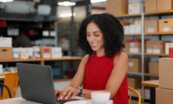 Como precificar produtos para marketplace considerando taxas e frete Empreendedora trabalhando em um notebook sobre Como precificar produtos para marketplace considerando taxas e frete, em uma mesa em ambiente de estoque de produtos que ao mesmo tempo se assemelha a um escritório.