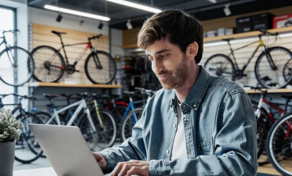 Anexos do Simples Nacional: descubra em qual a sua empresa se enquadra Dono de oficina e loja de bicicletas trabalhando em seu notebook sobre Anexos do Simples Nacional: descubra em qual a sua empresa se enquadra dentro de seu estabelecimento.