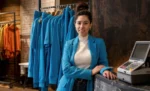 Gerente de loja de Roupas ao lado do caixa executando fechamento do mesmo representando: Como fechar o caixa da loja de roupas mais rápido (sem conferir nota por nota).