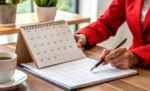 Penalidades da Reforma Tributária passam a valer a partir de agosto de 2026 Mulher sentada fazendo anotações em um livro de anotações de acordo com um calendário sobre uma mesa de escritório representando: Penalidades da Reforma Tributária passam a valer a partir de agosto de 2026.