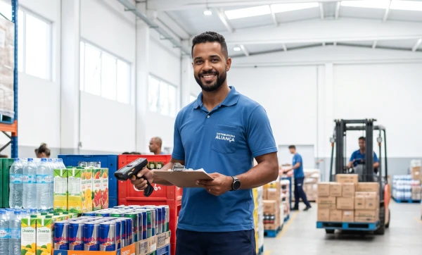 Erros de NF-e em distribuidora: o que gera multa e como evitar Funcionário de uma distribuidora scaneando produtos com um scaner de mão em uma das mãos e na outra segurando uma prancheta, colegas de trabalho ao fundo e uma empilhadeira representam: Erros de NF-e em distribuidora: o que gera multa e como evitar.