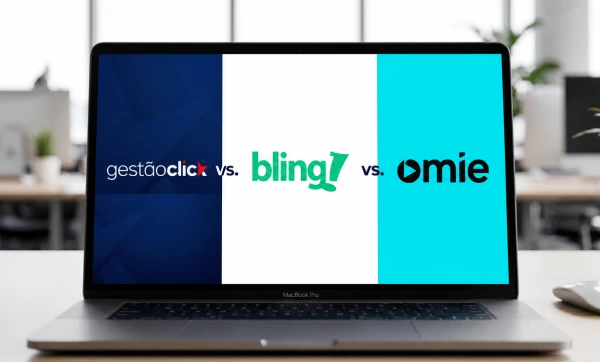GestãoClick, Bling ou Omie: qual sistema de gestão escolher? Tela de computador mostrando logos dos sistemas GestãoClick vs Bling vs Omie em relação à GestãoClick, Bling ou Omie: qual sistema de gestão escolher?