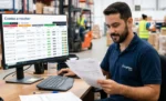MDF-e para distribuidora: o que é e como emitir o manifesto eletrônico Funcionário trabalhando em estoque de distribuidora sentado usando sistema ERP do Gestão Click em um computador representando: MDF-e para distribuidora: o que é e como emitir o manifesto eletrônico.