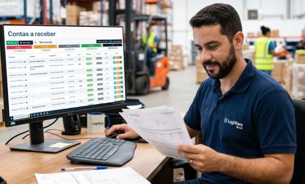 MDF-e para distribuidora: o que é e como emitir o manifesto eletrônico Funcionário trabalhando em estoque de distribuidora sentado usando sistema ERP do Gestão Click em um computador representando: MDF-e para distribuidora: o que é e como emitir o manifesto eletrônico.