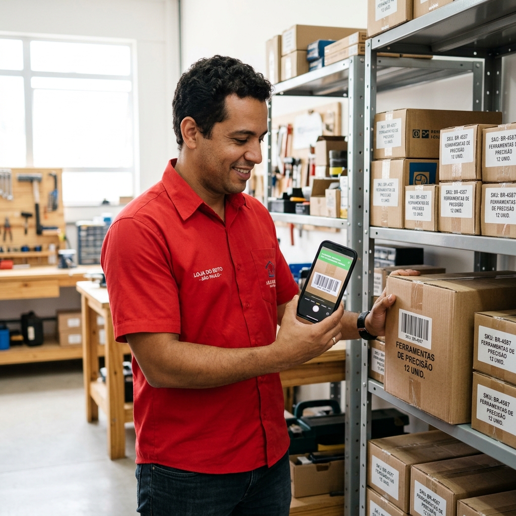 Técnico trabalhando com estoque e identificação na assistência técnica