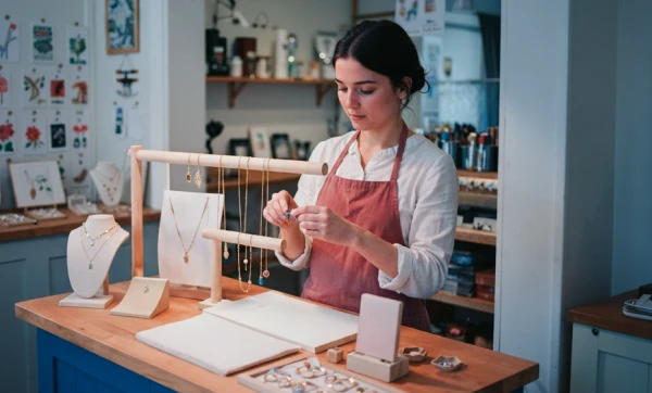 Sistema para loja de bijuterias: como gerenciar grade, estoque e vendas com ERP Profissional feminino trabalhando na confecção de bijuterias em sua bancada dentro da oficina de artesanato representando: Sistema para loja de bijuterias: como gerenciar grade, estoque e vendas com ERP.