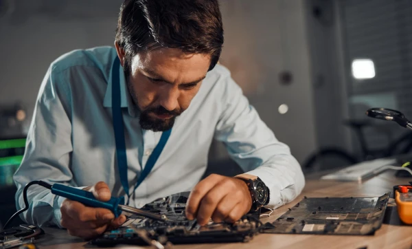 Como fazer orçamento para assistência técnica: o que incluir, como apresentar e quando cobrar pelo diagnóstico Profissional masculino de TI prestando assistência técnica em um computador em sua bancada após orçamento autorizado.