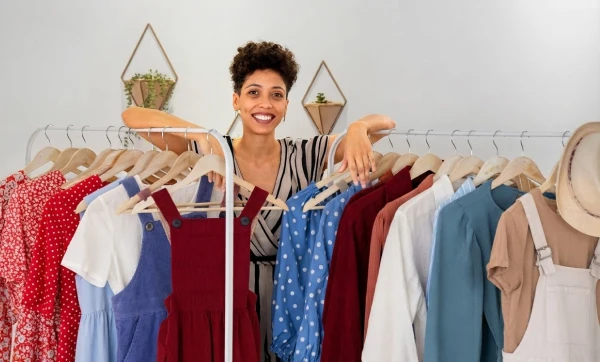 Sazonalidade no varejo de moda: como planejar compras de coleção e evitar encalhe de estoque Dona de loja de roupas exibindo algumas peças em sua loja representando: Sazonalidade no varejo de moda: como planejar compras de coleção e evitar encalhe de estoque