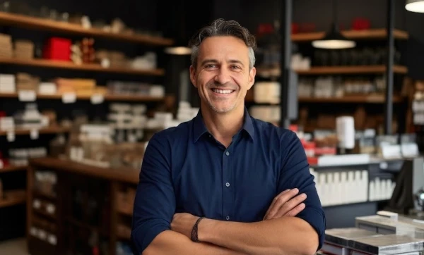 Principais indicadores financeiros que a pequena empresa deve acompanhar Empreendedor faz pose para tirar foto em seu estabelecimento representando: Principais indicadores financeiros que a pequena empresa deve acompanhar