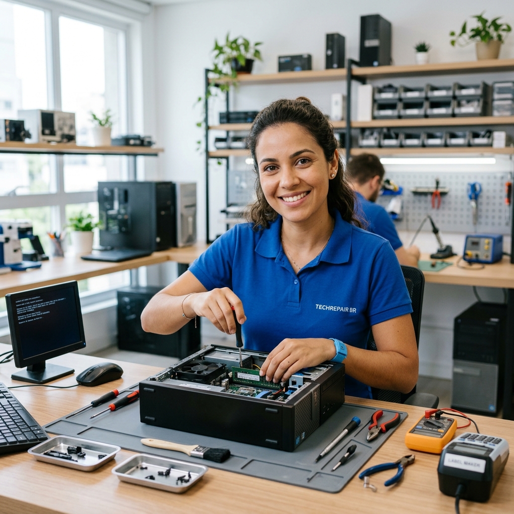 Mulher brasileira consertando computador