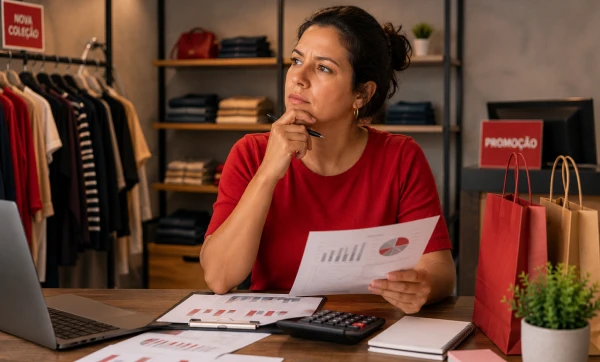 MEI pode ter loja de roupas? Faturamento, obrigações e quando é hora de virar ME Mulher em sua loja segurando um papel na mão e pensativa, representando: MEI pode ter loja de roupas? Faturamento, obrigações e quando é hora de virar ME