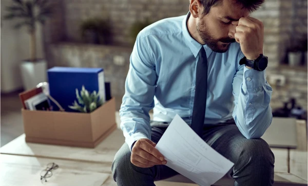 Rescisão trabalhista: o que calcular, quais são os direitos e como evitar multas Empreendedor sentado com uma folha de papel em mãos desmonstrando preocupação, representado: Veja o que calcular em cada rescisão e como evitar a multa da CLT, com o histórico da equipe organizado no GestãoClick para facilitar o fechamento.