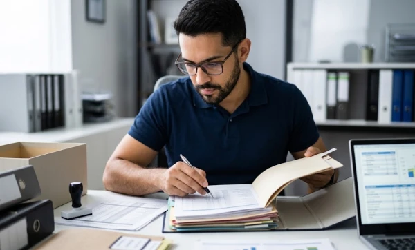 Fiscalização sobre distribuição de lucros: o que a empresa precisa comprovar empresário sentado na mesa do seu escritório lendo e escrevendo, representando: Fiscalização sobre distribuição de lucros: o que a empresa precisa comprovar