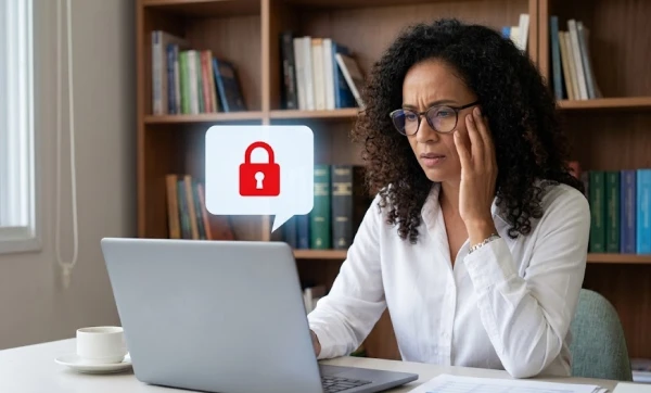 Responsabilidade por uso indevido do certificado digital: quem responde juridicamente? Mulher preocupada em frente ao seu notebook com uma ilustração de cadeado, representando: Responsabilidade por uso indevido do certificado digital: quem responde juridicamente?