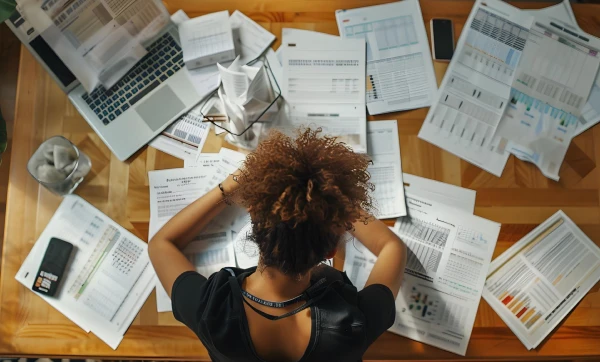 Como reduzir multa tributária na microempresa: tudo que a lei permite fazer antes de pagar Mulher sobre uma mesa cheia de documentos, representando: Como reduzir multa tributária na microempresa: tudo que a lei permite fazer antes de pagar