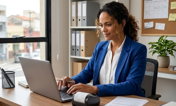 Exclusão do Simples Nacional: como evitar, o que fazer quando acontece e como reingressar empreendedora sentanda em seu escritorio em frente ao notebook, representando: Exclusão do Simples Nacional: como evitar, o que fazer quando acontece e como reingressar