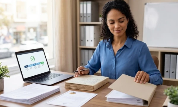Como dar baixa no MEI: passo a passo do encerramento sem pendência Mulher sentada em seu escritorio, em frente ao noteebook conferindo alguns documentos sobre a mesa, representando: Como dar baixa no MEI: passo a passo do encerramento sem pendência