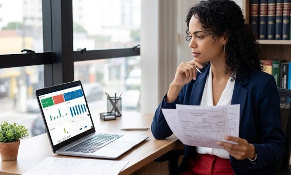 Advogada MEI: pode ser MEI, quais CNAE usar e como emitir nota fiscal Advogada em seu escritório, pensativa analisando uma planilha em seu notebook, representando: Advogada MEI: pode ser MEI, quais CNAE usar e como emitir nota fiscal