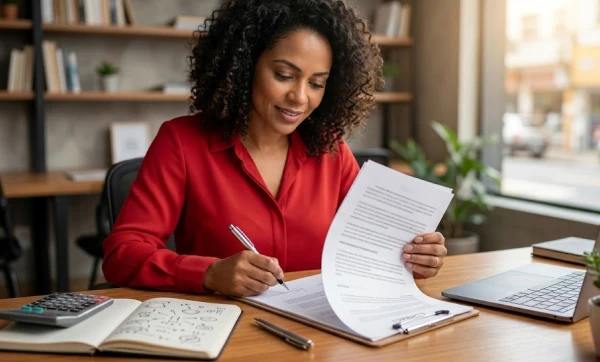 Contrato de prestação de serviços: o que incluir para proteger sua empresa do calote Mulher preenchendo um contrato em seu escritorio, representando: Contrato de prestação de serviços: o que incluir para proteger sua empresa do calote
