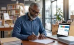 DRE simplificada para microempresa: como montar e interpretar com apoio de um ERP Microempreendedo sentado em seu escritório assinando um documento sobre a mesa, representando: Veja como montar e interpretar a DRE simplificada da sua microempresa e identificar o lucro real com os relatórios do GestãoClick.