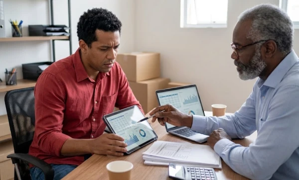 Microempresa endividada: o que o contador pode fazer com os dados do ERP para ajudar na recuperação? Dois homens negociando uma divida, representando: Microempresa endividada: o que o contador pode fazer com os dados do ERP para ajudar na recuperação?