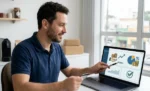 Pró-labore e distribuição de lucros: como registrar corretamente no sistema de gestão homem analisando uma tabela em seu notebook. representando: Pró-labore e distribuição de lucros: como registrar corretamente no sistema de gestão