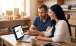 Retenção na fonte para prestação de serviços: quando reter IR, ISS, INSS e CSLL Casal analisando o sistema da gestão click, representando: Retenção na fonte para prestação de serviços: quando reter IR, ISS, INSS e CSLL