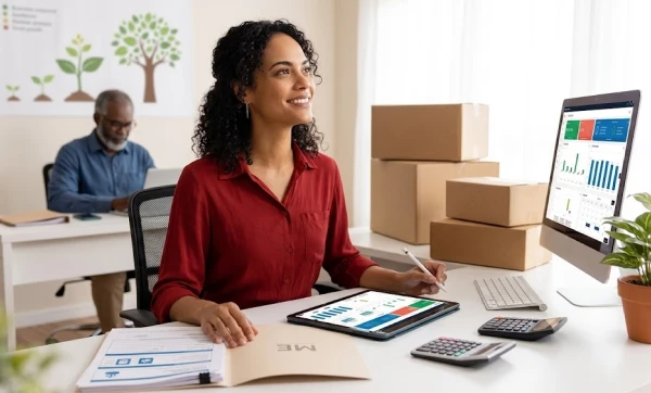 Transição de MEI para ME: as novas obrigações fiscais que chegam junto com o crescimento empresaria sentada em sua mesa de escritorio com uma expressão de satisfeita, representando: Transição de MEI para ME: as novas obrigações fiscais que chegam junto com o crescimento