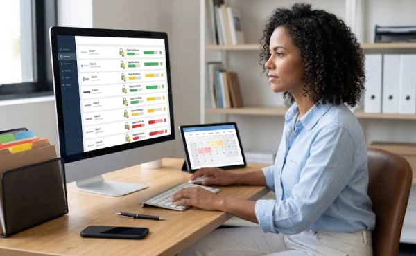 Como organizar o vencimento dos certificados digitais de vários clientes Mulher consultando no sistema da gestão click representando: Como organizar o vencimento dos certificados digitais de vários clientes