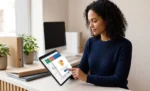 Como o ERP reduz inadimplência: cobrança integrada e alertas automáticos Mulher em seu escritorio analisando o sistema da gestão click pelo seu tablet, representando: Como o ERP reduz inadimplência: cobrança integrada e alertas automáticos