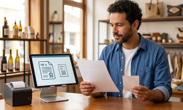 NFC-e vs NF-e: qual emitir no balcão? Guia para o varejo decidir Homem sentando em sua mesa com monitor analisando documento, representando: NFC-e vs NF-e: qual emitir no balcão? Guia para o varejo decidir
