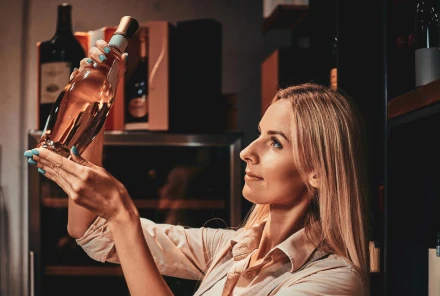 Gerente de uma adega conferindo o rótulo de uma garrafa de vinho rosé diante da prateleira